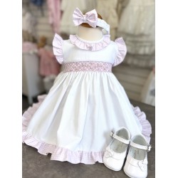 Pretty Originals SS26 Girls White/Pink Smocked Dress with pants and headband LC01004E