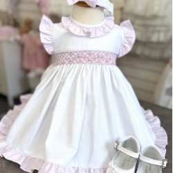 Pretty Originals SS26 Girls White/Pink Smocked Dress with pants and headband LC01004E