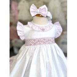 Pretty Originals SS26 Girls White/Pink Smocked Dress with pants and headband LC01004E