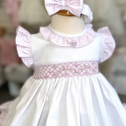 Pretty Originals SS26 Girls White/Pink Smocked Dress with pants and headband LC01004E