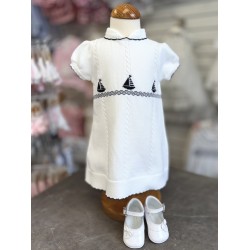 Sarah Louise white and navy knitted short sleeve smock dress 008231