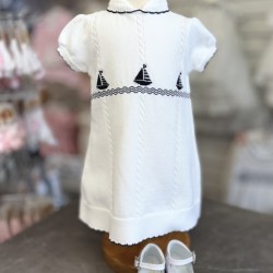 Sarah Louise white and navy knitted short sleeve smock dress 008231
