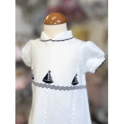 Sarah Louise white and navy knitted short sleeve smock dress 008231