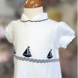 Sarah Louise white and navy knitted short sleeve smock dress 008231