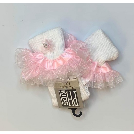 Pink Diamante Flower and Tulle Lace Harvey Ankle Socks