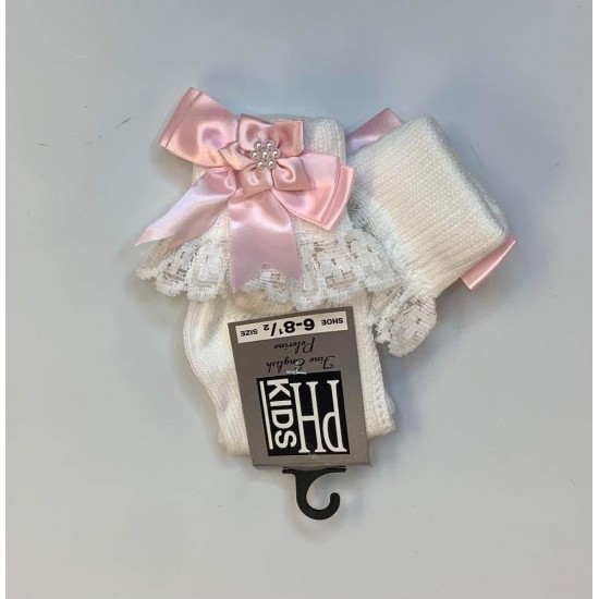 Pink Pearl Flower, Bow and Lace Harvey Ankle Socks