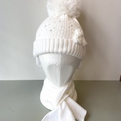 Barbaras Diamanté and Flower Detail Pom Hat White with scarf