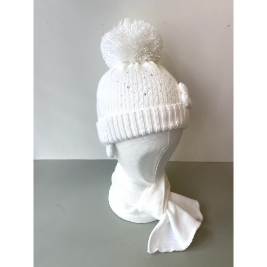 Barbaras Diamanté and Flower Detail Pom Hat White with scarf