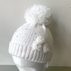 Barbaras Diamanté and Flower Detail Pom Hat White with scarf