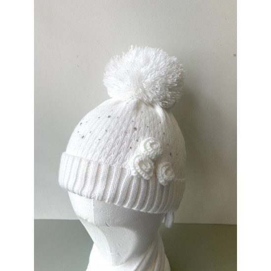 Barbaras Diamanté and Flower Detail Pom Hat White with scarf