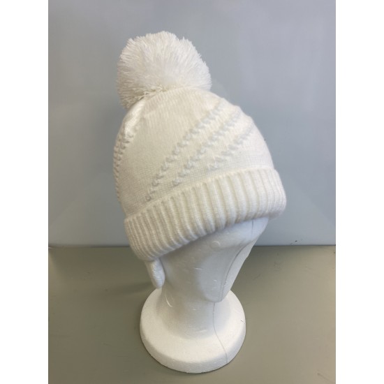 Barbaras Cream Pom Zig Zag Knit Hat 